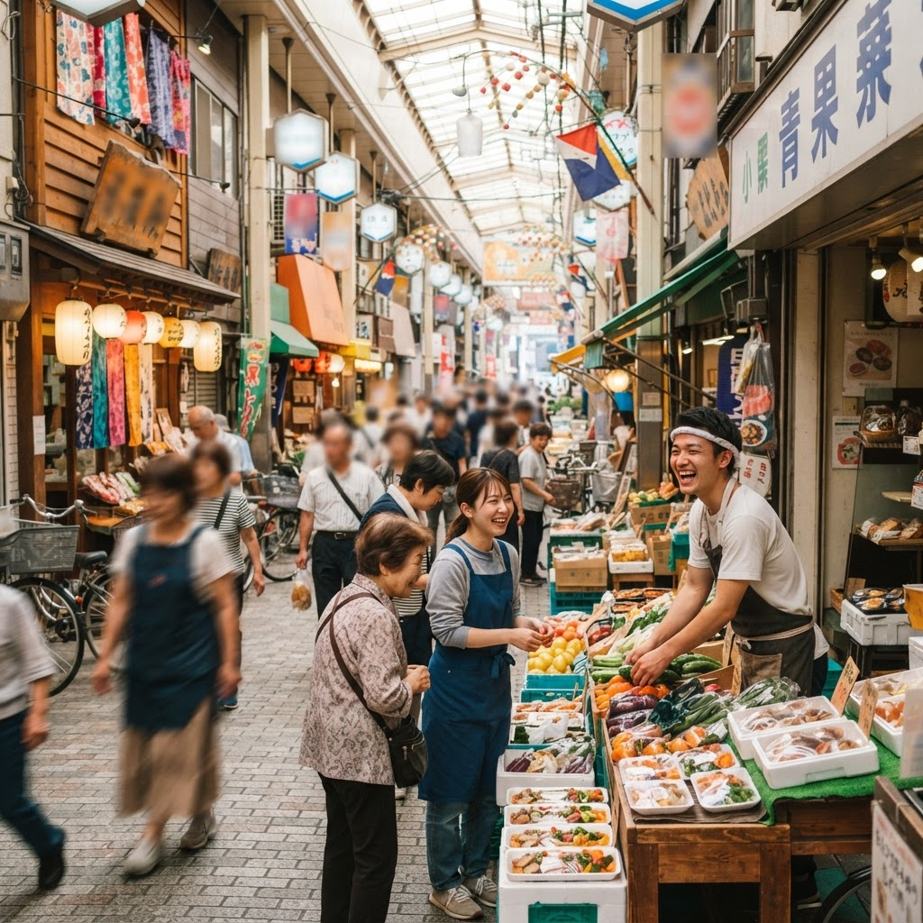 活気のある商店街で働く人々